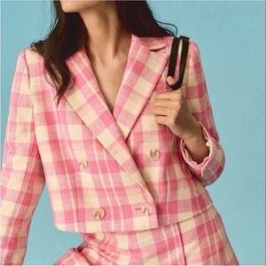 Maeve Pink Plaid Blazer Cropped White Lined Double Breasted Trendy Large NWT
